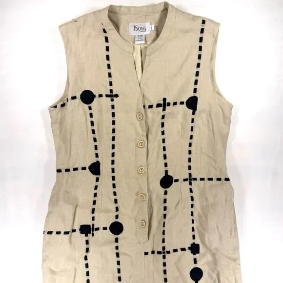 J Song Tan Linen Sleeveless Maxi Dress with Black Embroidery and Pockets, 12 - Picture 2 of 7